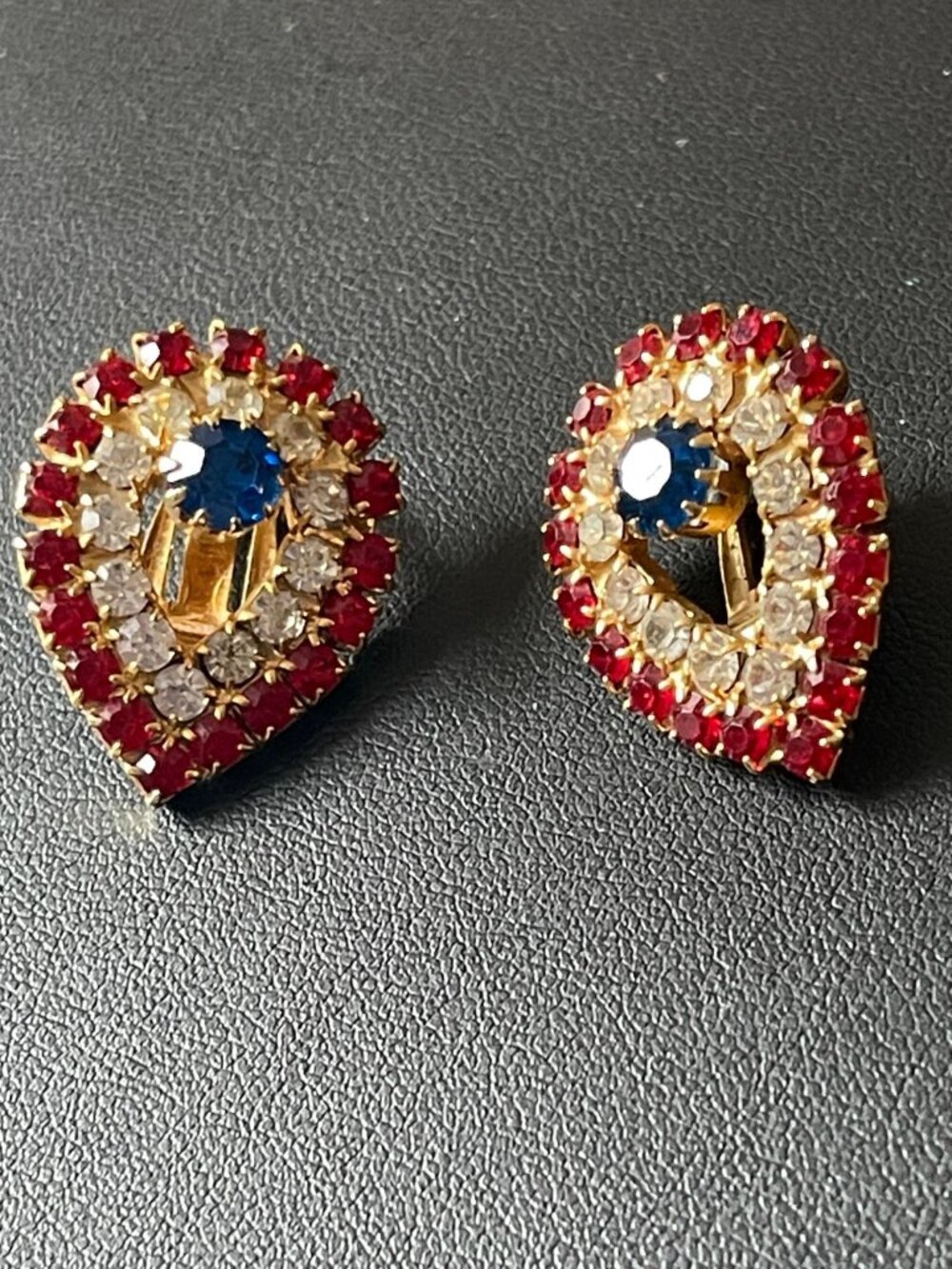 Patriotic Rhinestone Earrings Pear-Shaped Red Blue & Clear Glass Clip-On Gold-To